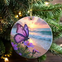 Sunset Beach Floral Tree Ornament, Purple Butterfly Ceramic Ornament, Nature Lover Christmas Ornament, Scenic Art Keepsake Decor Present