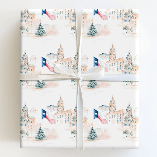 Watercolor State Capitol Holiday Gift Wrap, Texas Flag Christmas Wrapping Paper, Lone Star State Wrapping Paper Roll, Souther