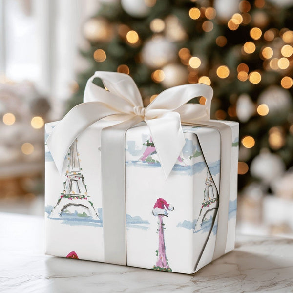 Eiffel Tower Watercolor Gift Wrap, Christmas in Paris Wrapping Paper, French Holiday Present Wrap, Festive Winter Cityscape G