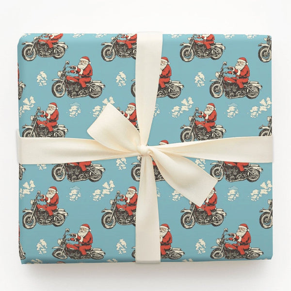 Vintage Motorcycle Gift Wrap, Light Blue Biker Santa Wrapping Paper, Blue Motorcycle Christmas Wrapping Paper, Biker Holiday 