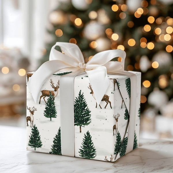 Winter Pine Tree Gift Wrap, Woodland Reindeer Christmas Wrapping Paper, Rustic Reindeer Wrapping Paper Roll, Forest Holiday W