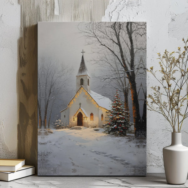 Snowy Christmas Landscape Print, Winter Church Canvas Wall Art, Religious Holiday Wall Decor, Christian Winter Scene Canvas A