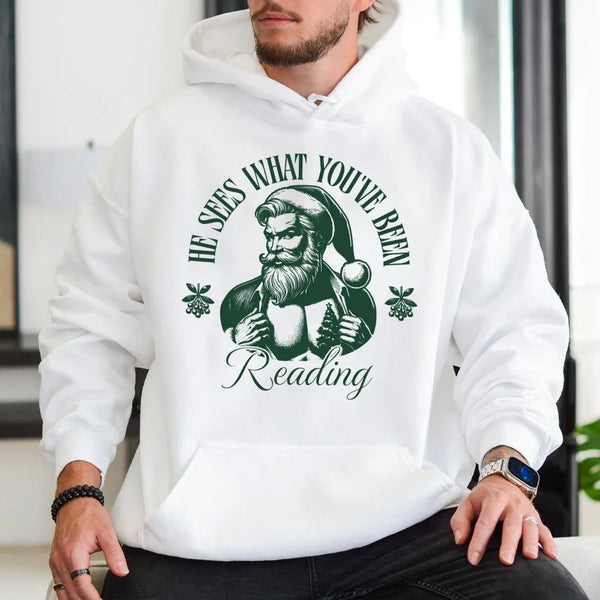 Humorous Santa Book Lover Sweatshirt, He Sees What You've Been Reading Hoodie, Christmas Librarian Hooded Sweater