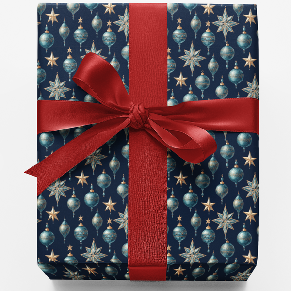 Holiday Ornament and Stars Gift Wrap, Navy Blue Christmas Wrapping Paper, Elegant Winter Wrapping Paper, Festive Xmas Gift Wr
