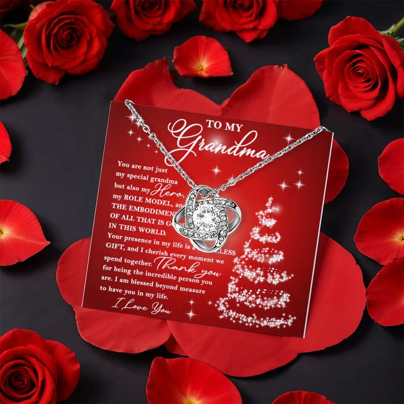 Grandmother CZ Crystal Pendant Necklace, Grandma Love Knot Necklace, Gold Knot Necklace, Christmas Jewelry Present for Grandmother