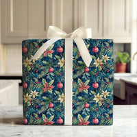 Gold Ornament Holiday Gift Wrap, Navy Poinsettia Christmas Wrapping Paper, Botanical Winter Wrapping Paper, Festive Floral Gift Wrap Roll