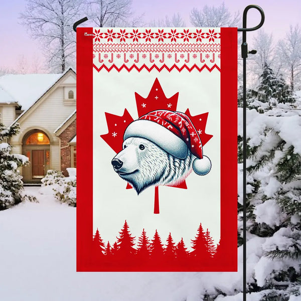 Santa Hat Polar Bear Holiday Flag, Christmas Bear Canadian Flag Garden Flag, Double-Sided Canada Maple Leaf Yard Flag, Winter