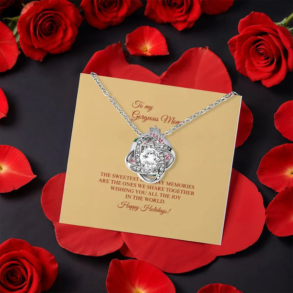 Mother Christmas Knot Pendant, Mom Love Knot Necklace, White Gold Love Knot Necklace, CZ Crystal Knot Jewelry, Birthday Prese