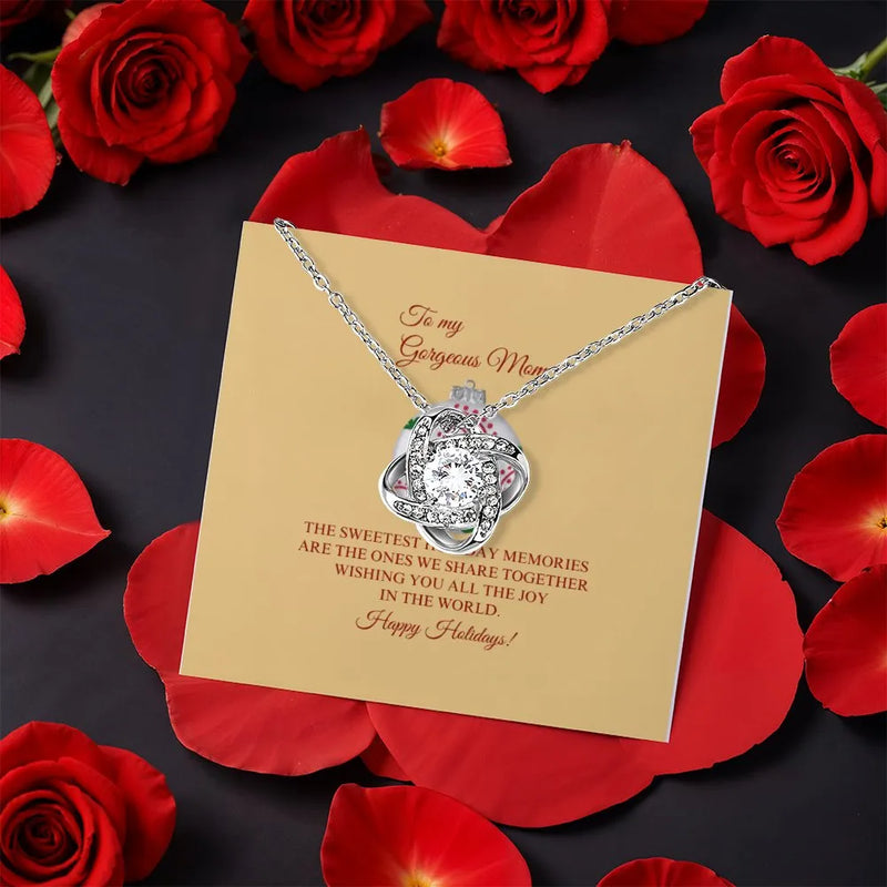 Mother Christmas Knot Pendant, Mom Love Knot Necklace, White Gold Love Knot Necklace, CZ Crystal Knot Jewelry, Birthday Present for Mother