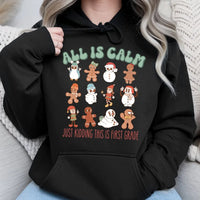 Gingerbread First Grade Christmas Sweatshirt, All Is Calm Teacher Christmas Hoodie, Elementary Teacher Holiday Hooded Pullover
