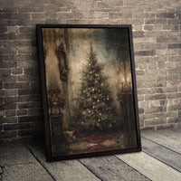 Moody Antique Room Oil Painting Art, Vintage Christmas Tree Canvas Print, Rustic Holiday Wall Decor, Nostalgic Xmas Canvas Present