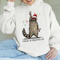 Tangled Christmas Lights Sweatshirt, Feral and Festive Raccoon Hoodie, Humorous Trash Panda Xmas Hoodie, Ugly Holiday Sweatshirt Pullover