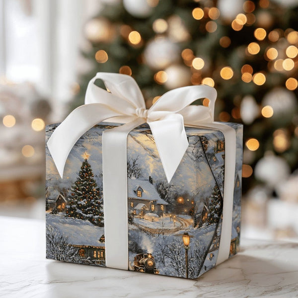 Snowy Village Holiday Gift Wrap, Vintage Steam Train Christmas Wrapping Paper, Nostalgic Xmas Wrapping Paper, Winter Present 