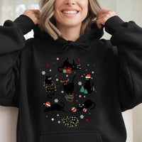 Festive Black Cats Graphic Pullover, Christmas Cat Hoodie, Adorable Holiday Kitten Sweatshirt, Winter Cat Lover Hooded Sweater Xmas Present