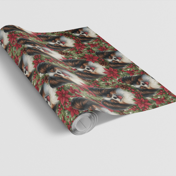 Festive Puppy Holiday Gift Wrap, Papillon Dog Christmas Wrapping Paper, Adorable Pet Floral Present Wrap, Dog Lover Christmas