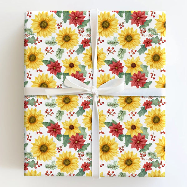 Floral Christmas Gift Wrap, Sunflower Poinsettia Wrapping Paper, Watercolor Botanical Wrapping Paper, Winter Floral Holiday W