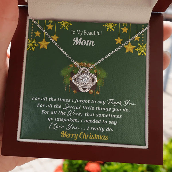 Christmas Love Knot Necklace, Love Knot Necklace for Mom, Sentimental Mother Necklace, Holiday Message Card Jewelry, 14k Whit