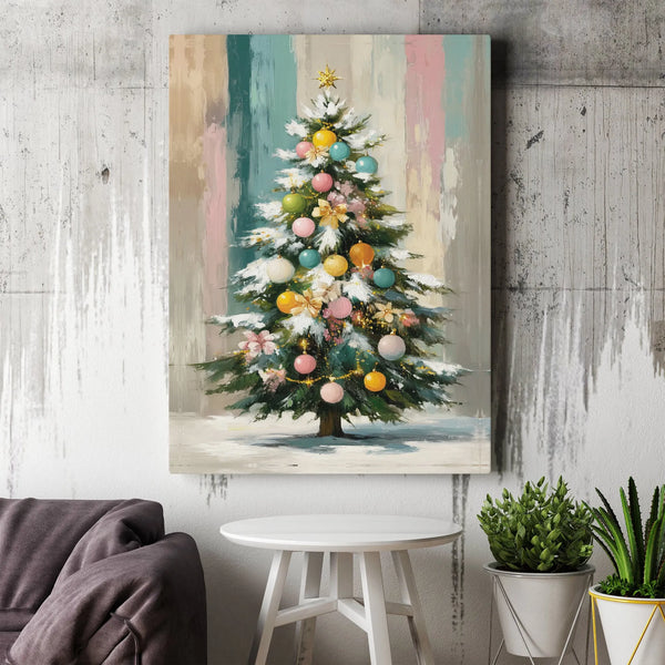 Snowy Pine Tree Canvas Print, Pastel Christmas Tree Wall Art Digital Download, Adorable Colorful Holiday Poster, Winter Wall 