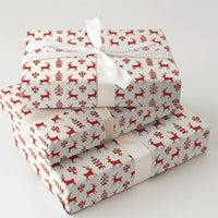 Reindeer Pine Tree Gift Wrap, Scandinavian Christmas Wrapping Paper, Nordic Holiday Wrapping Paper Roll, Red Winter Present Wrap Roll