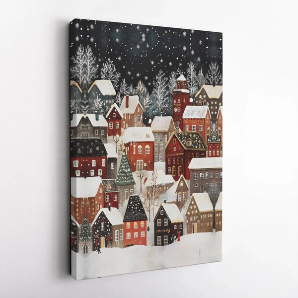 Comfy Festive Winter Holiday Town Wall Decor, Snowy Christmas Village Wonderland Canvas Art, Seasonal Scenic Town, Christmas 