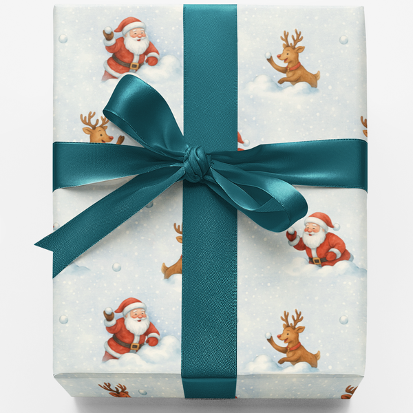 Humorous Christmas Gift Wrap, Santa vs Reindeer Snowball Fight Wrapping Paper, Adorable Holiday Wrapping Paper, Winter Snow S