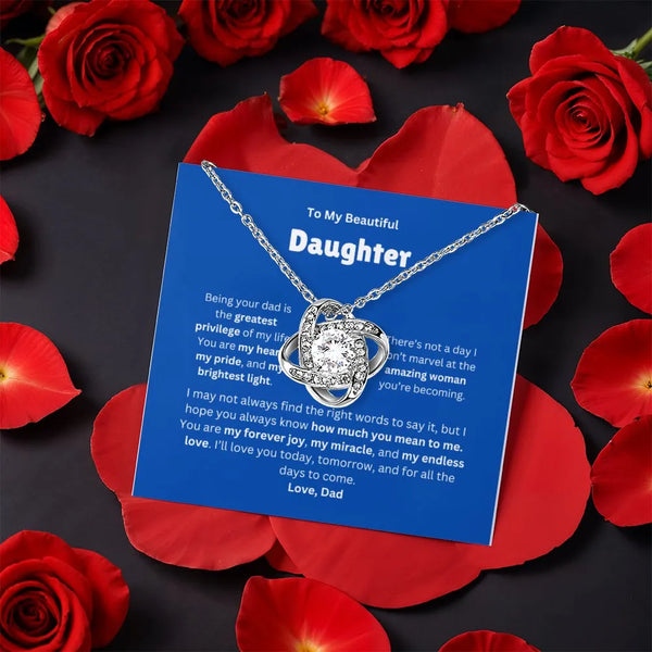 From Dad Daughter Necklace, Love Knot Necklace for Daughter, CZ Crystal Knot Pendant, Gold Finish Jewelry, Birthday Christmas