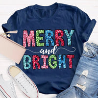 Colorful Festive Christmas Shirt, Merry and Bright Christmas T-Shirt, Retro Holiday Typography Graphic Tee, Adorable Christmas Tee