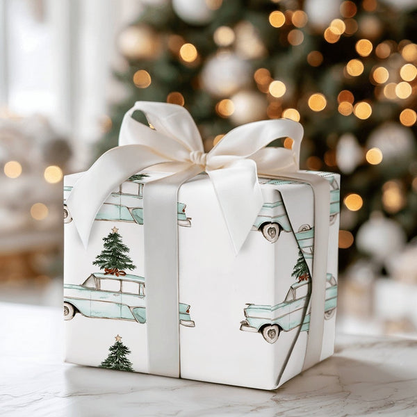 Retro Blue Car Holiday Wrapping Paper, Vintage Station Wagon Christmas Wrapping Paper, Tree on Car Gift Wrap, Nostalgic Xmas 