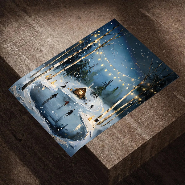 Comfy Forest String Lights Art Print, Winter Ice Skating Cabin Poster, Seasonal Christmas Wall Art Poster, Rustic Holiday Pai