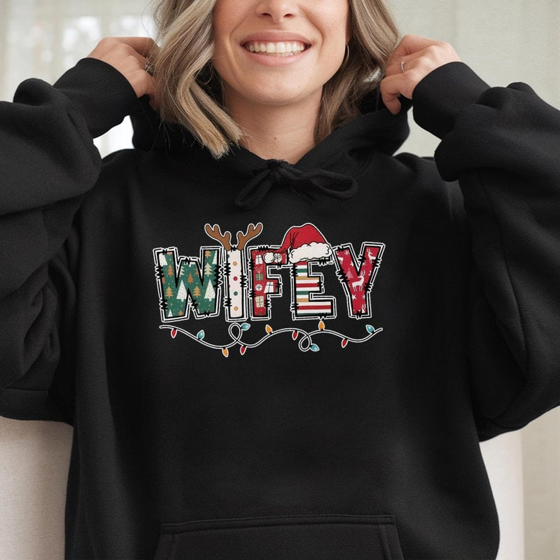 Festive Holiday Lights Graphic Hoodie, Wifey Christmas Hoodie, Newlywed Wife Xmas Hooded Sweatshirt, Comfy Winter Pullover Hoodie for Her
