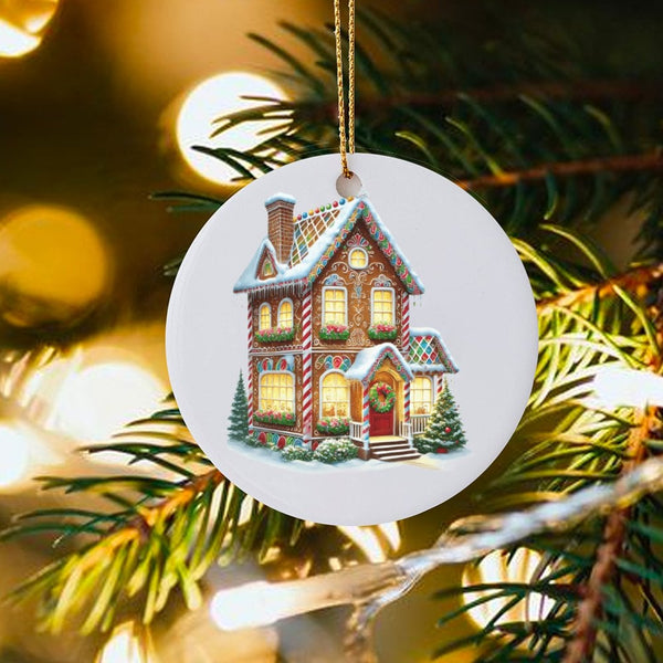 Candy Cane Christmas Tree Ornament, Gingerbread House Ornament, Holiday Ceramic Ornament, Festive Winter Decor, Xmas Keepsake