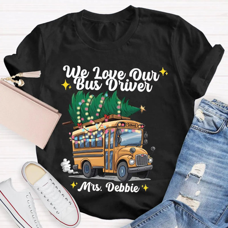 Custom Name Bus Driver Shirt, Personalized School Bus Christmas Tree T-Shirt, Holiday School Bus Tee, Christmas Tree Graphic Teacher Shirt