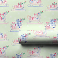 Pastel Christmas Sleigh Gift Wrap, Watercolor Sleigh Wrapping Paper, Holiday Presents Wrapping Paper, Winter Present Packaging Paper Roll