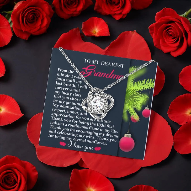 Grandmother Knot Pendant Necklace, Grandma Love Knot Necklace, Rose Gift Box Jewelry, CZ Crystal Necklace, Christmas Holiday Present for Nana
