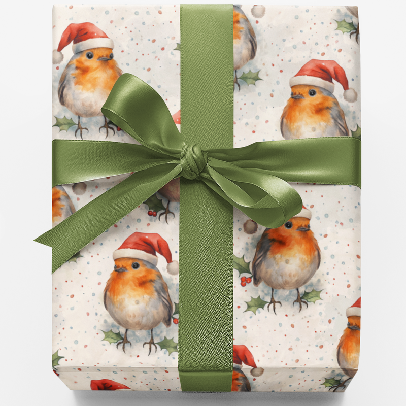 Santa Hat Bird Holiday Gift Wrap, Winterberry Robin Christmas Wrapping Paper, Adorable Winter Bird Wrapping Paper, Festive Xmas Gift Wrap Roll