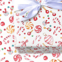Peppermint Holiday Gift Wrap, Candy Cane Christmas Wrapping Paper, Watercolor Sweet Candy Gift Wrapping Paper
