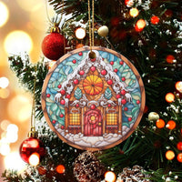 Holiday Gingerbread Ceramic Ornament, Stained Glass Gingerbread House Christmas Ornament, Winter Tree Ornament, Comfy Xmas Decor Present