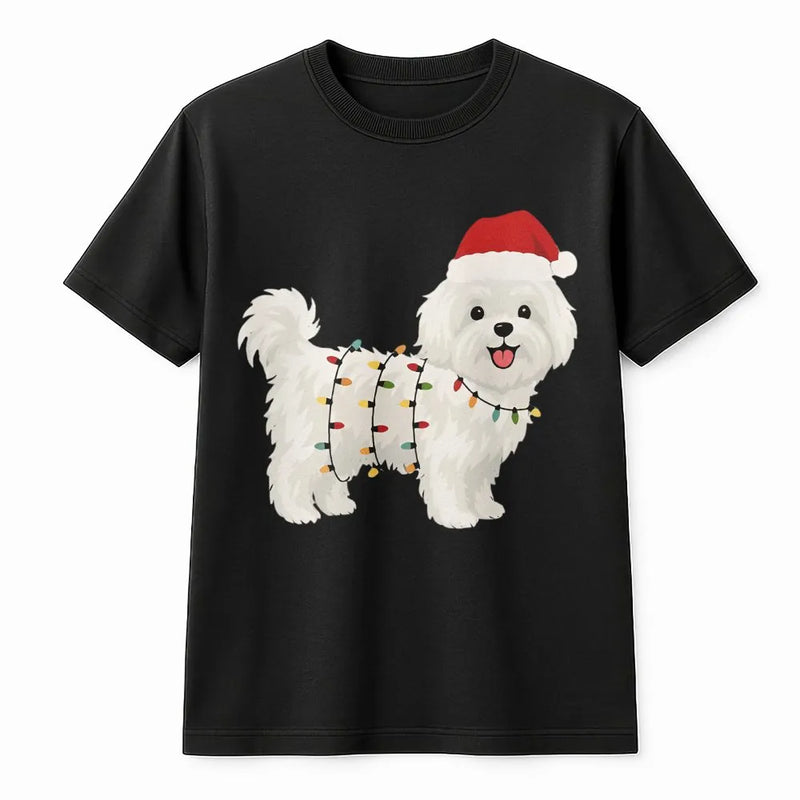 Santa Hat and Xmas Lights Graphic Tee, Maltese Dog Christmas T-Shirt, Adorable Puppy Holiday Pet Lover Shirt, Festive Dog Owner Apparel