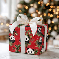 Holly and Berry Gift Wrap, Christmas Panda Bear Wrapping Paper, Red Holiday Wrapping Paper, Adorable Animal Lover Festive Gift Wrap Roll