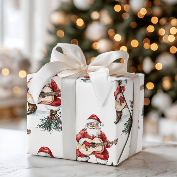 Acoustic Guitar Santa Wrapping Paper, Watercolor Santa Guitar Wrapping Paper, Musician Christmas Wrapping Paper, Holiday Gift