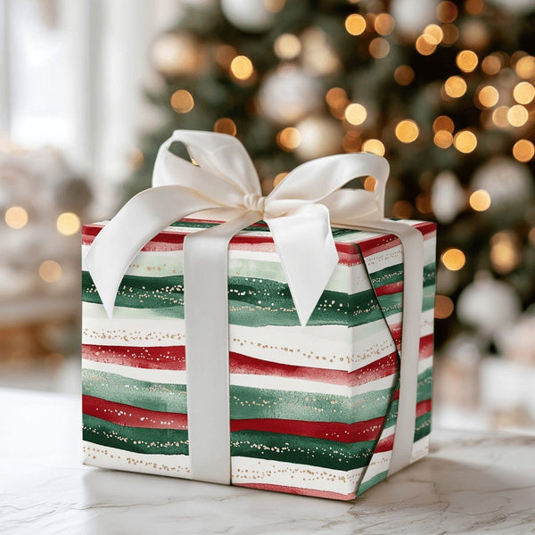 Red and Green Holiday Gift Wrap, Watercolor Wavy Stripe Wrapping Paper, Christmas Stripe Wrapping Paper, Festive Winter Wrapp