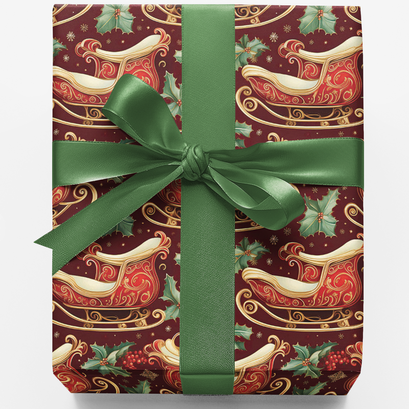 Red and Gold Santa Sleigh Gift Wrap, Victorian Christmas Wrapping Paper, Vintage Holiday Wrapping Paper, Traditional Xmas Gift Wrap Roll