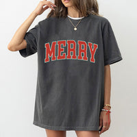 Retro Merry Christmas T-Shirt, Varsity Merry Christmas Shirt, Vintage Holiday Graphic Tee, Festive Christmas Crewneck Tee, Xmas Family Present