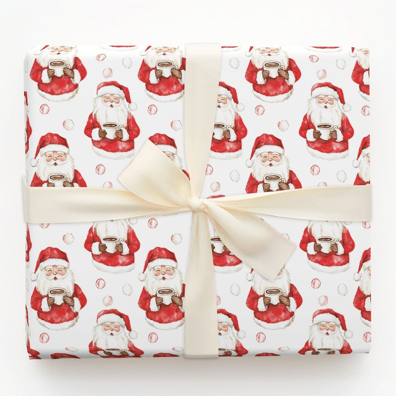 Hot Cocoa Christmas Gift Wrap, Watercolor Santa Wrapping Paper, Adorable Santa Claus Holiday Wrapping Paper, Polka Dot Xmas Wrapping Paper Roll