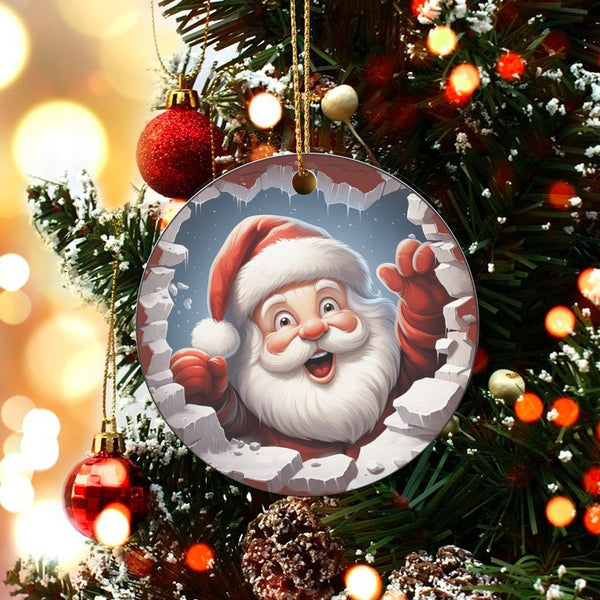 3D Breaking Wall Christmas Ornament, Santa Claus Ceramic Ornament, Glossy Holiday Tree Ornament, Round Xmas Keepsake, Festive