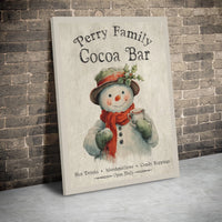 Vintage Snowman Canvas Print, Personalized Cocoa Bar Canvas Wall Art, Custom Hot Chocolate Canvas Sign, Christmas Kitchen Canvas Decor