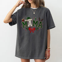 Santa Hat Bow Graphic Tee, Christmas Mama T-Shirt, Adorable Holiday Mom Shirt, Festive Xmas Mommy T-Shirt, Family Winter Apparel Present