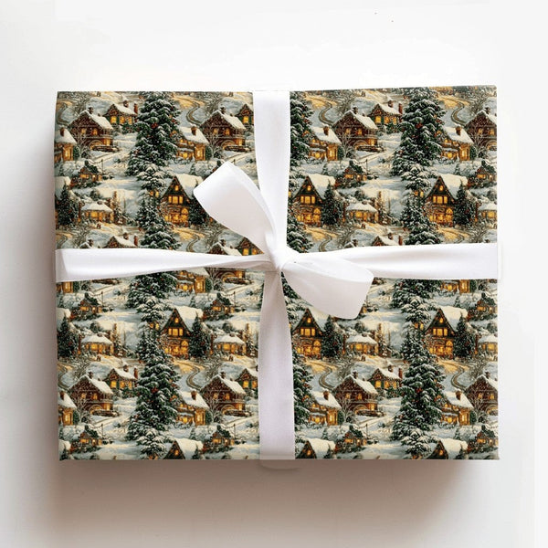 Winter Cottage Gift Wrap, Snowy Village Christmas Wrapping Paper, Comfy Evergreen Dusk Wrapping Paper, Holiday Present Wrappi