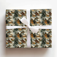 Winter Cottage Gift Wrap, Snowy Village Christmas Wrapping Paper, Comfy Evergreen Dusk Wrapping Paper, Holiday Present Wrapping Paper
