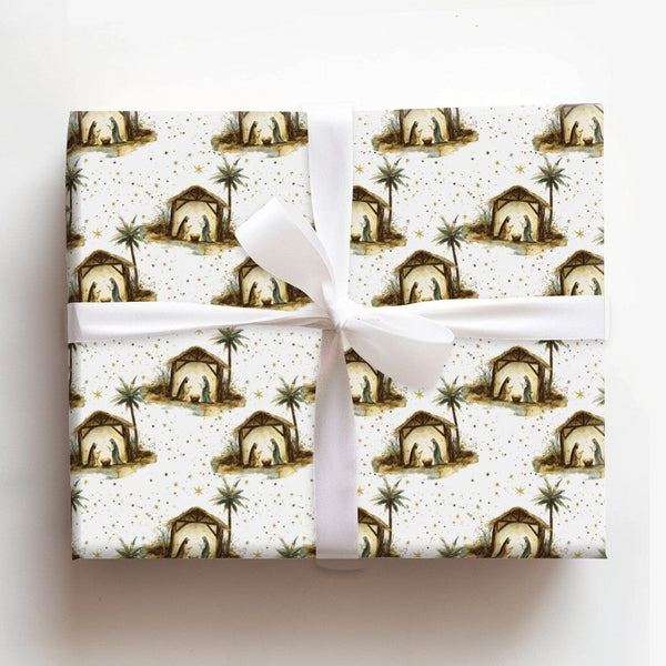 Holy Family Christmas Gift Wrap, Nativity Scene Wrapping Paper, Watercolor Religious Holiday Wrapping Paper, Golden Stars Pre